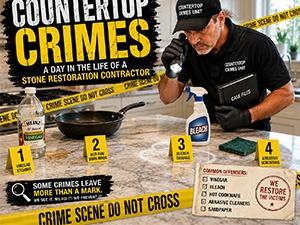 Infographic titled Countertop Crimes: a day in the life of a stone restoration contractor; a worker in gloves at a bench with labeled crime-scene steps 1–4.